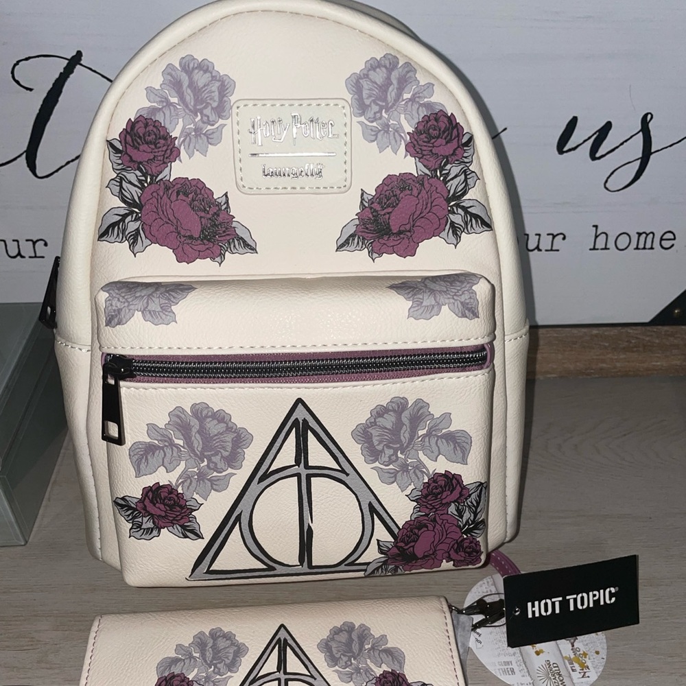 Loungefly Harry Potter Deathly Hallows Floral Mini Backpack and wallet